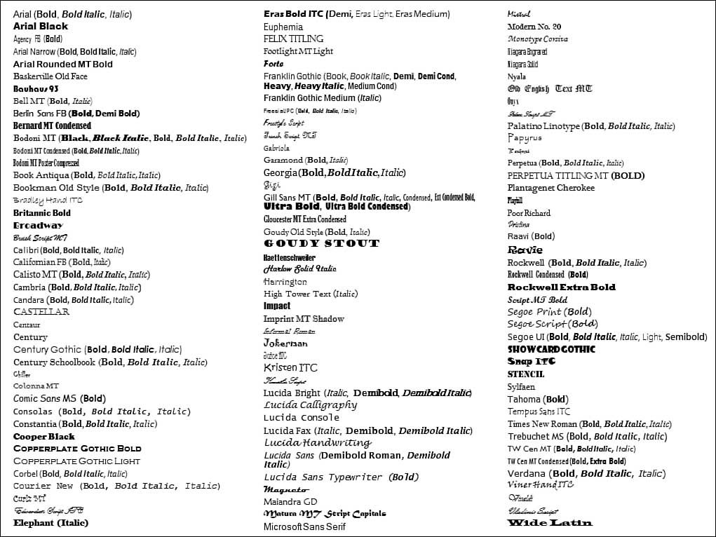 Microsoft word font styles list