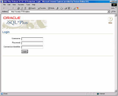 Login screen for Oracle 9i Release 2