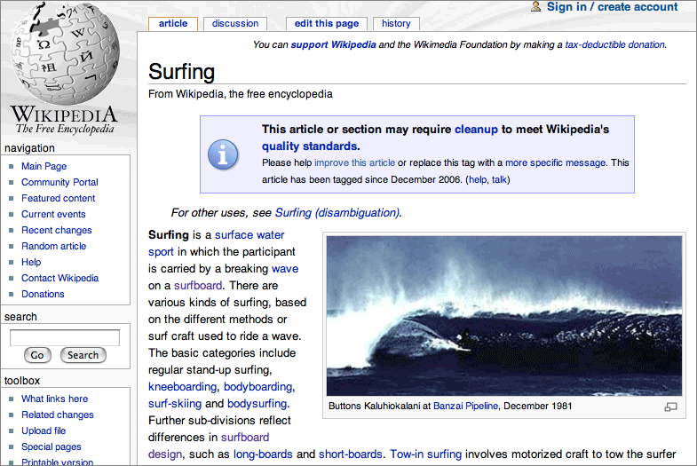 Screenshot of Wikipedia article on surfing