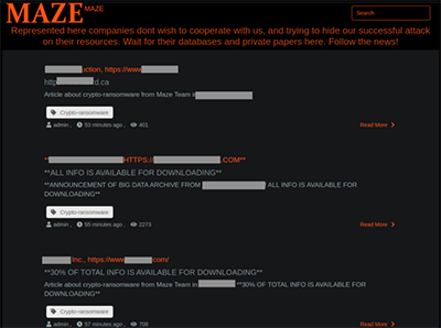 Screenshot of the Maze gang's web site.